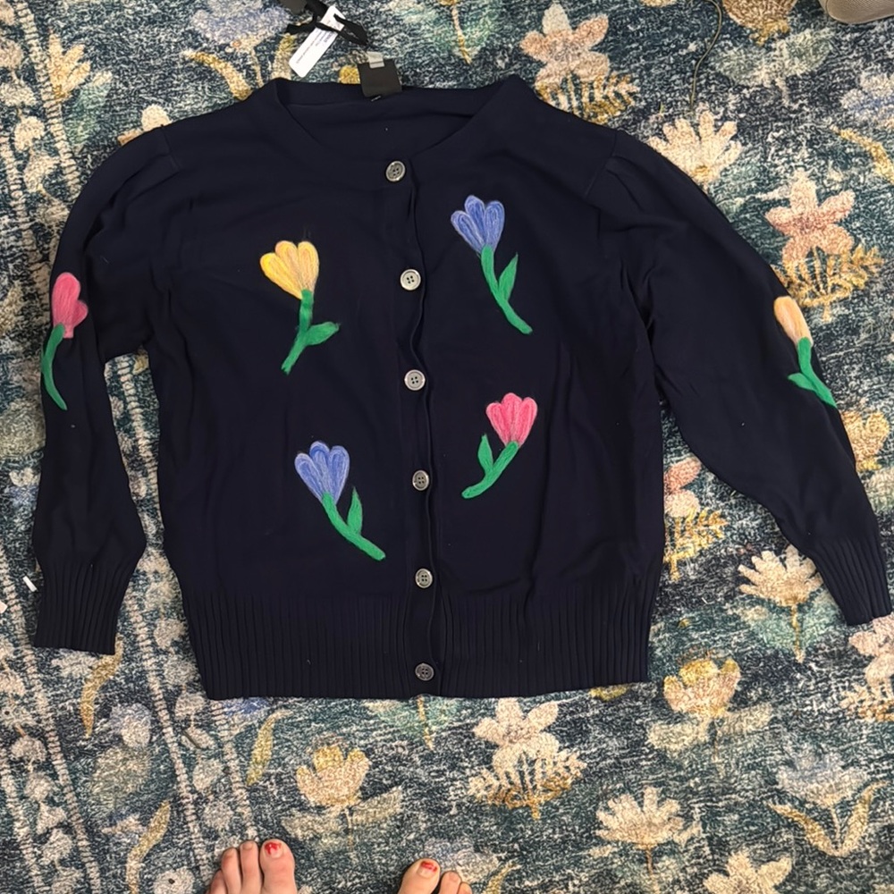 Navy Floral Embroidered Women's Cardigan